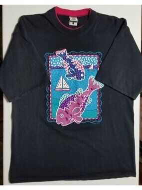 Gopher Sport Fish Sailboat Print Short Sleeve Black Cotton Tee Shirt Women L USA